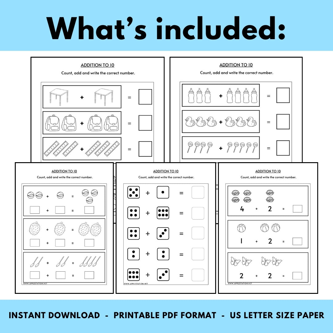 Picture Addition up to 10 Worksheets for Pre K & Kindergarten