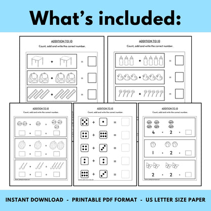 Picture Addition up to 10 Worksheets for Pre K & Kindergarten